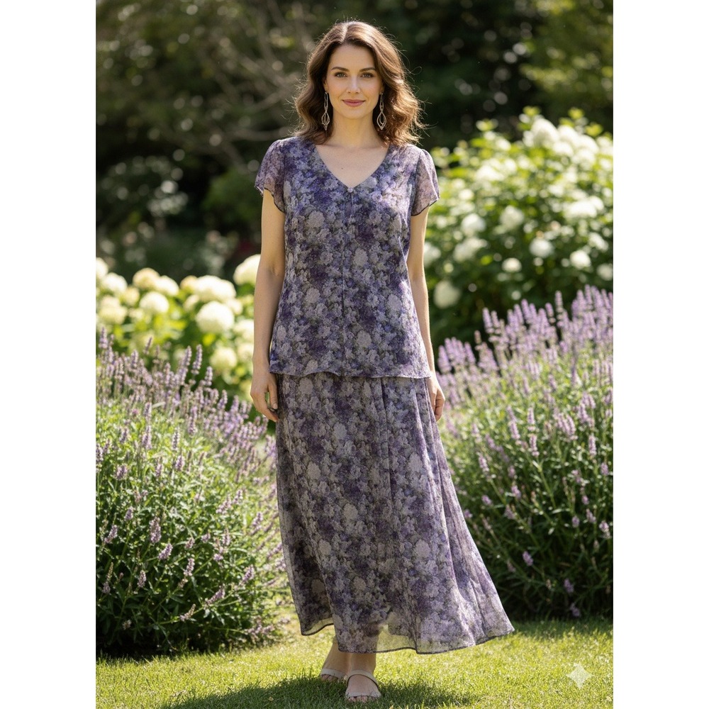 Jessica Howard Purple Floral Chiffon Maxi Dress V-Neck Short Sleeve Size 8 USA